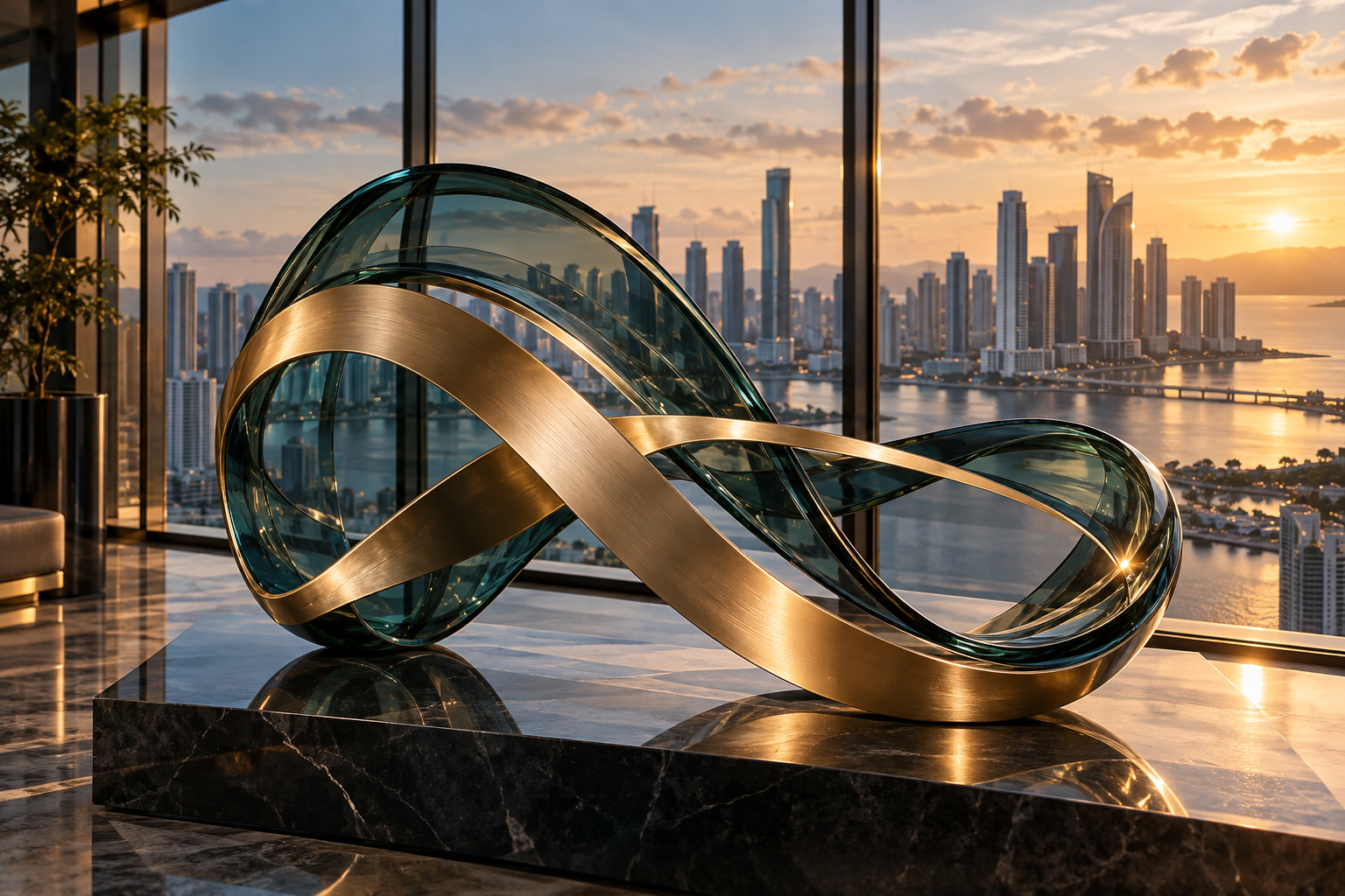 Sculptural connected forms in emerald and champagne beside a sunlit coastal city
