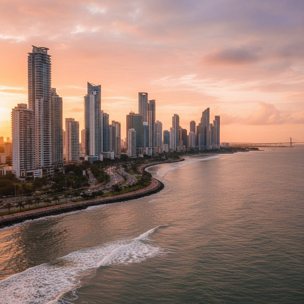 Coastal city skyline overlooking the waterfront, from Parker’s existing website